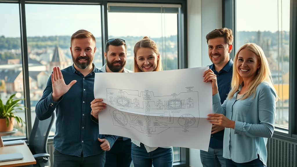 inspiring startup team presenting a blueprint, office with Monmouthshire landmarks, morning light, monmouthshiremedia.com first to market, highly detailed, shot with a 24mm lens