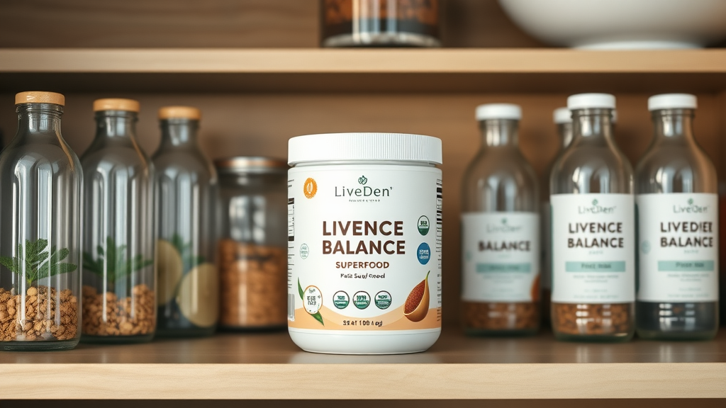 Organized pantry shelf with Liveden Balance Superfood next to glass water bottles