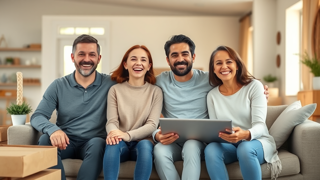 happy family after local moving company finished moving unpacked boxes new home cozy living room