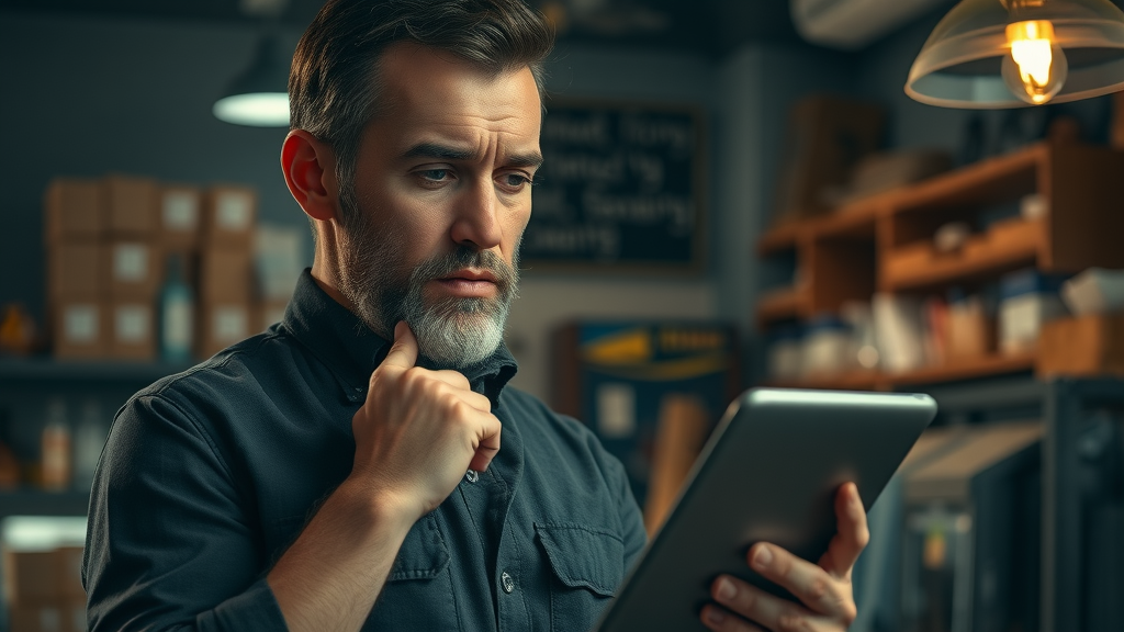 Somber business owner reading a negative customer review on tablet, reflecting on reputation in a small business interior