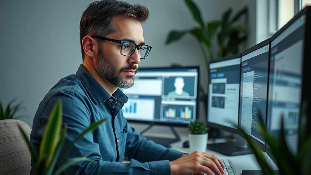 Marketing manager optimizing online business profiles for brand reputation online