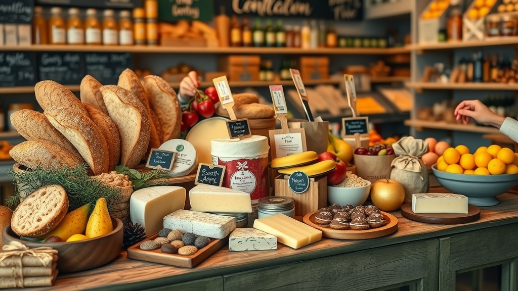 Artisan gourmet market counter with breads, cheeses, fruits, and gifts