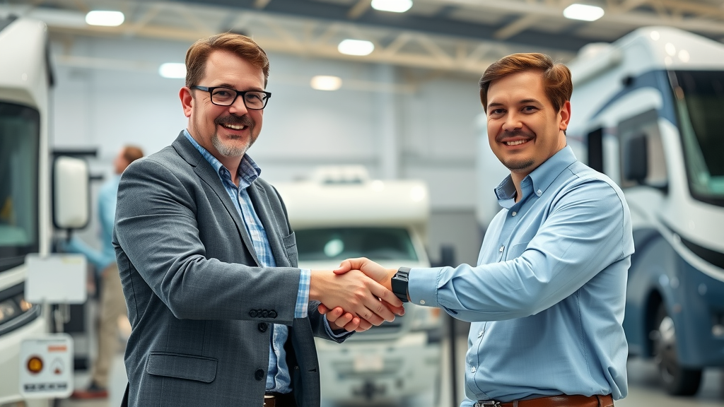 Professional RV dealership team shaking hands with RV Wheeler business partner in showroom