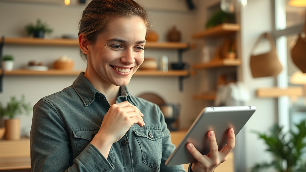 customer review - empathetic small business owner responding to online review in cosy store