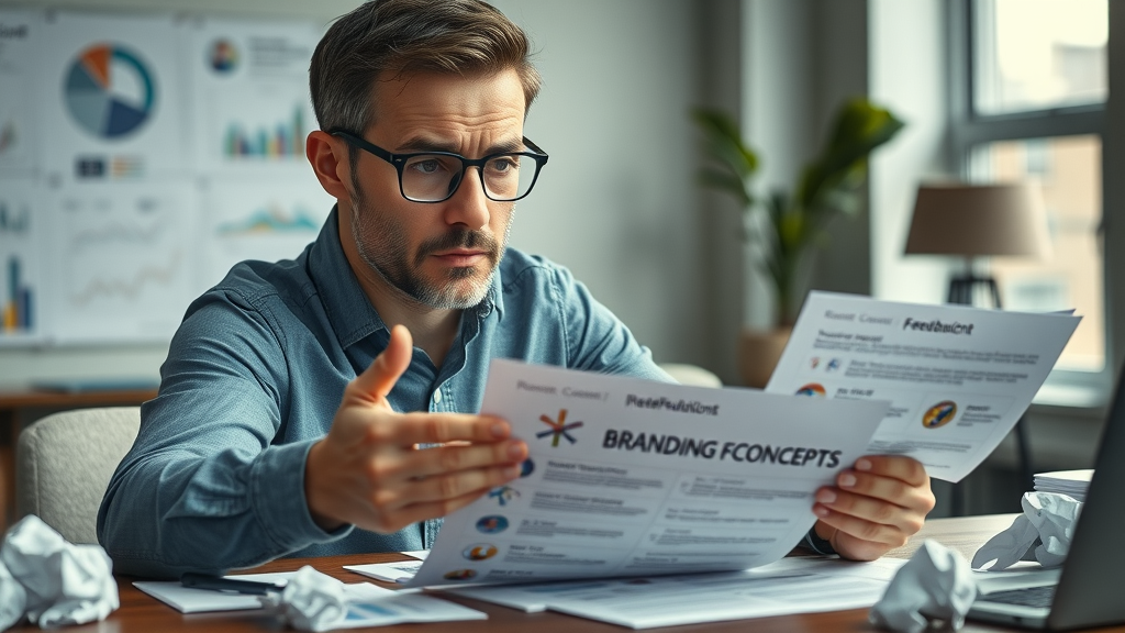concerned small business owner reviewing failed branding concepts