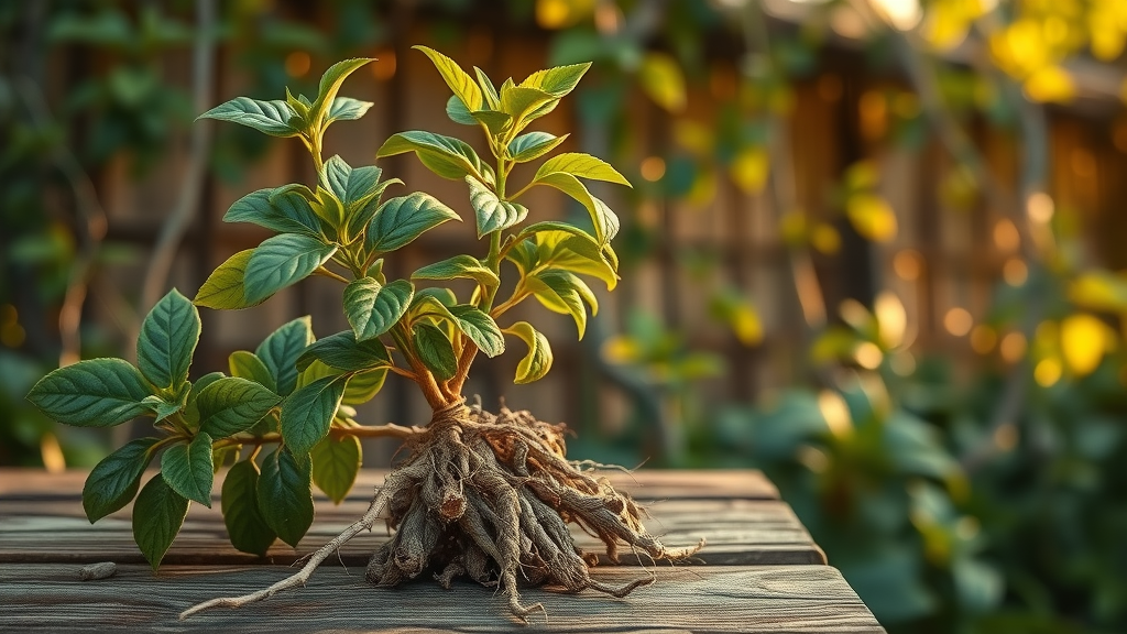 Ashwagandha plant, fresh roots, adaptogen for menopause symptoms, male reproductive health, hormone balance, photorealistic