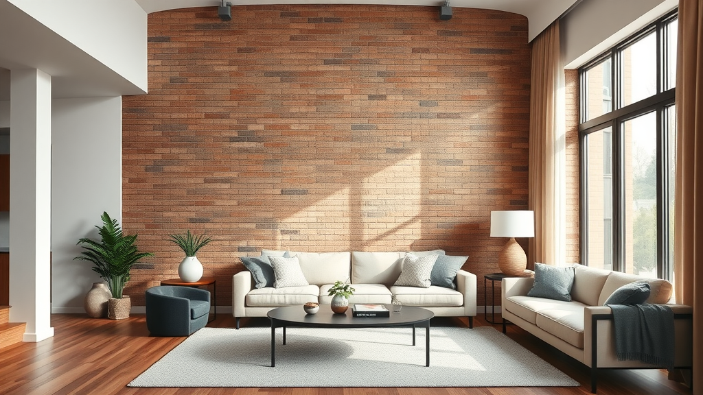 Modern living room with expertly stained brick accent wall in natural earth tones