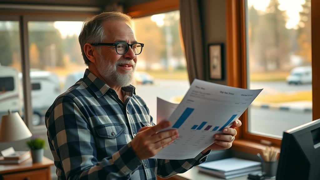 Successful campground owner reviewing positive profit charts with optimistic outlook in office
