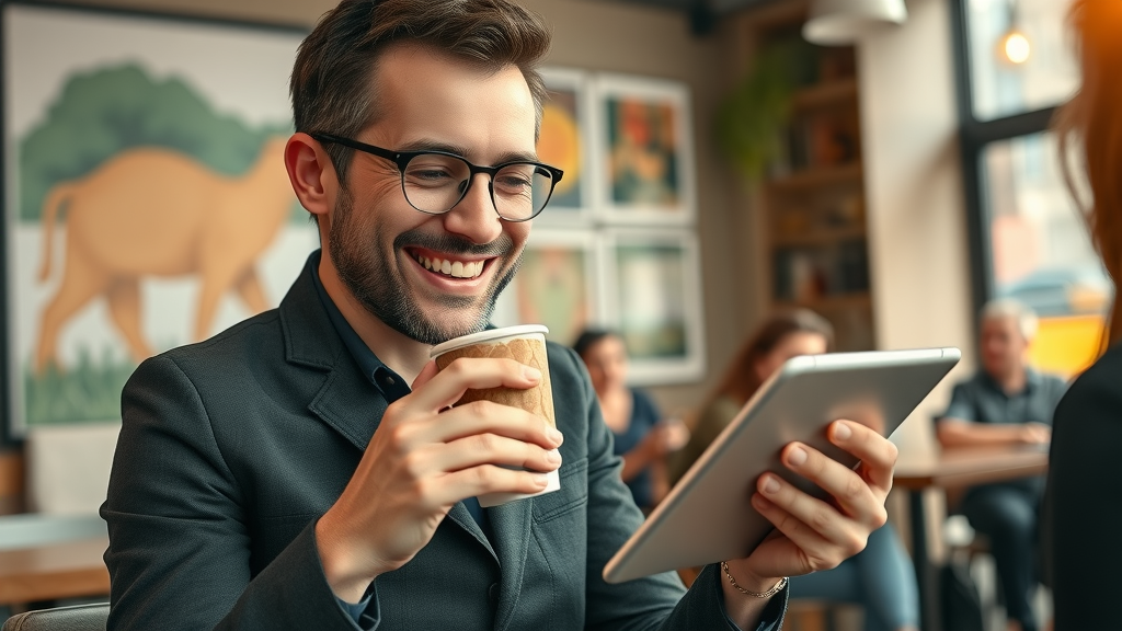 happy customer writing a positive review for local business on tablet
