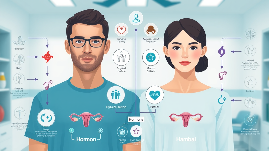 Hormone balance across genders, reproductive health, menopause symptoms, male fertility, informative infographic, photorealistic, highly detailed