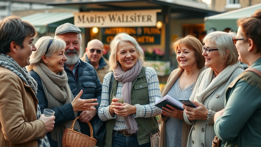 Monmouthshire residents and business owners sharing stories at a vibrant market; monmouthshire first to market in action with friendly community spirit.