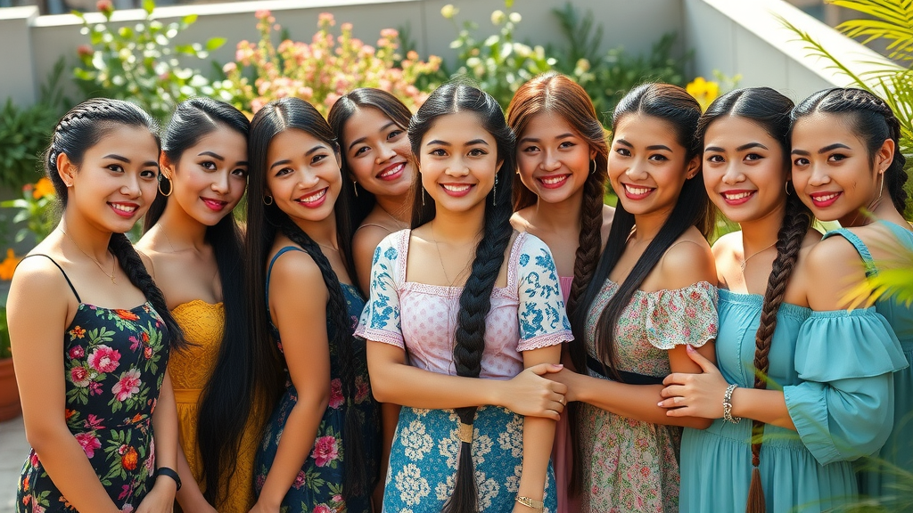 diverse Filipino women showcasing different braided hair styles on a sunny garden terrace, soft breeze, vibrant colors, shot with a Leica Summilux 35mm lens.