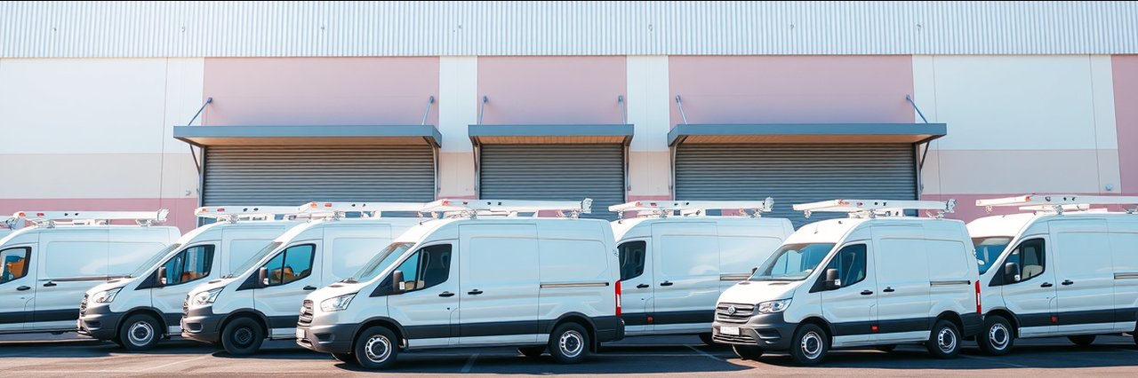Commercial Hydro Jetting service vans lined up outside a modern warehouse.