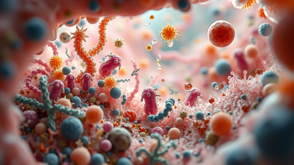 complex microscopic ecosystem visualization, gut microbiome bacteria interacting in the human gut