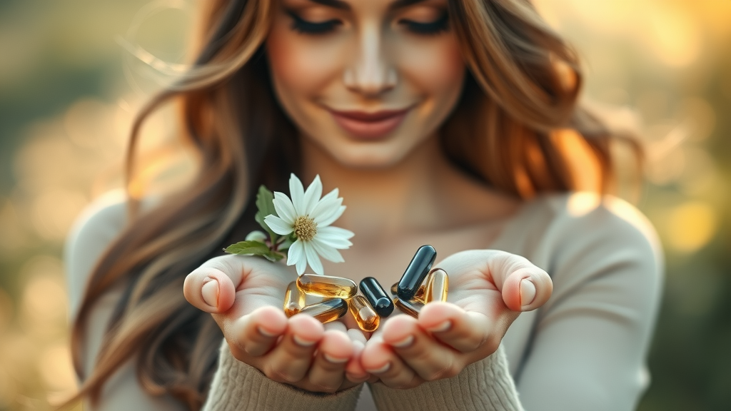 woman holding black cohosh flower and omega-3 capsules for hormone balance