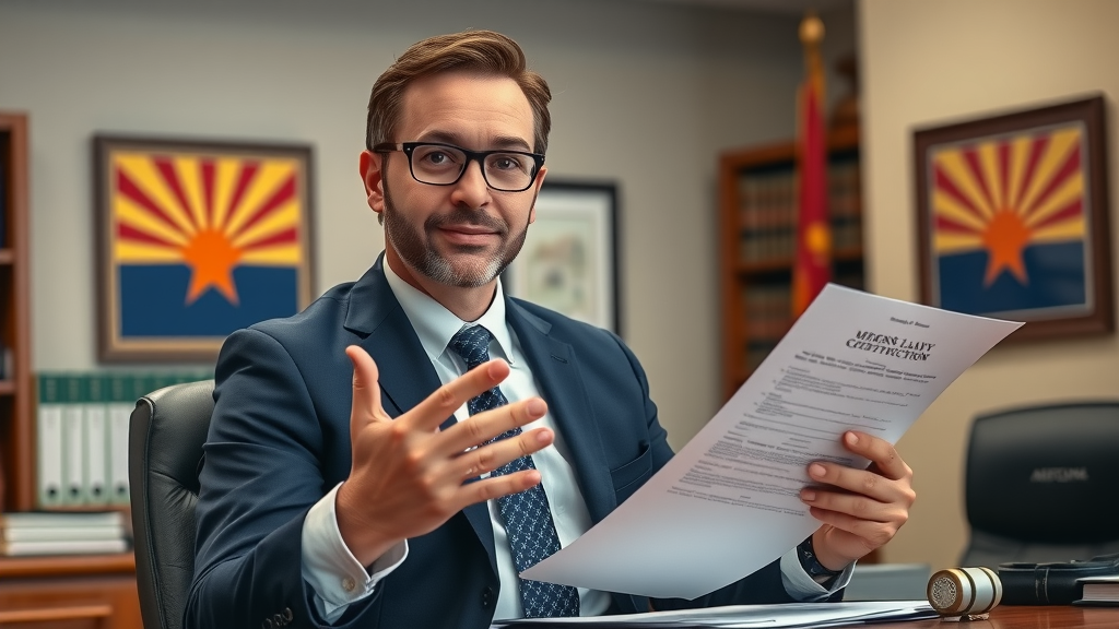 Professional notary public in Arizona explaining legal documents and notarial acts in an office with Arizona flag in background