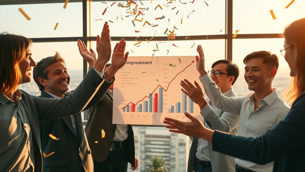 business team celebrating successful online reputation improvement with rising metrics
