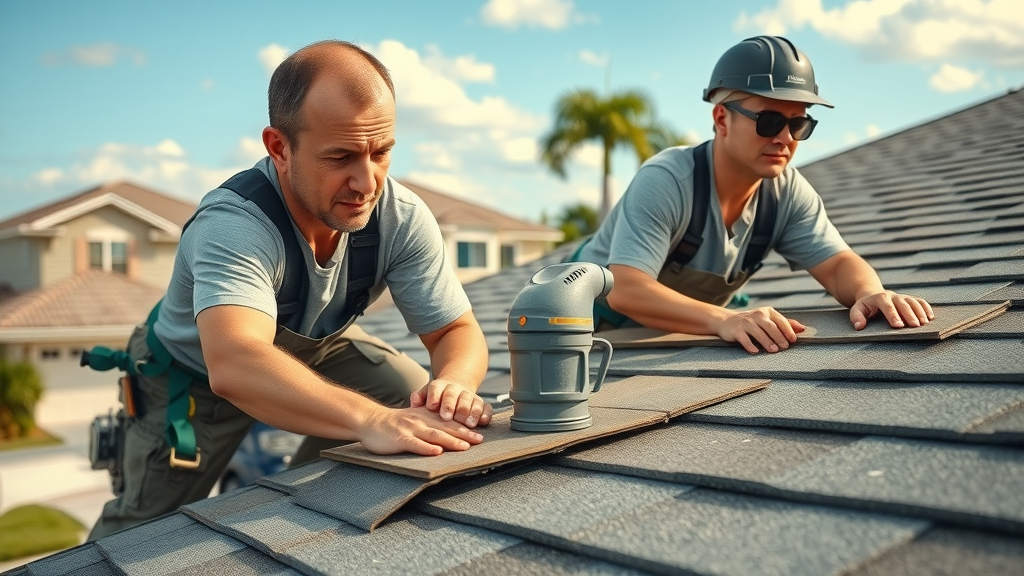 roof install in naples professional roofing crew laying high quality shingles on new Florida home