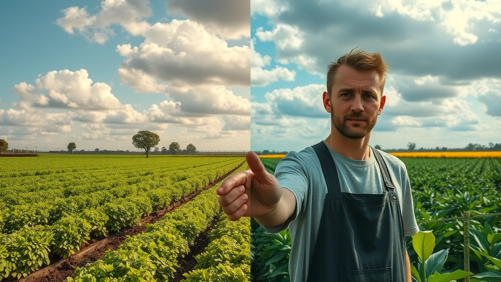 side-by-side comparison of regenerative farming and conventional agriculture, showing differences in soil health and biodiversity