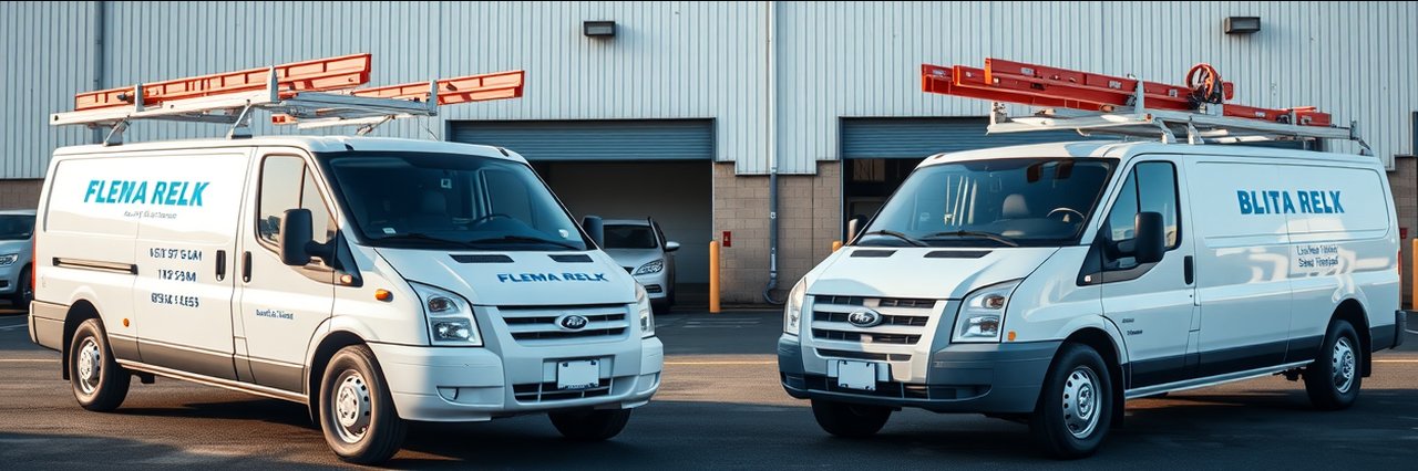 Plumbing service vans and truck parked outside industrial building – Hydro-Jetting Benefits