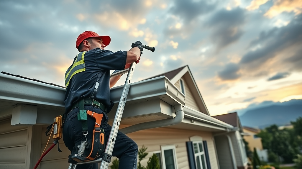 Technician installing seamless rain gutter for expert leak protection