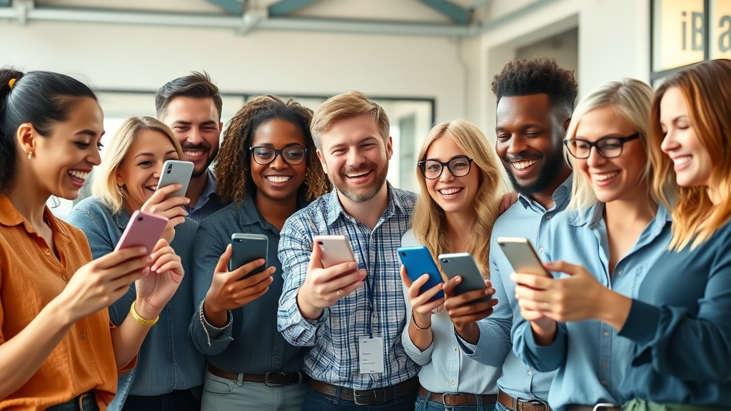 Team of employees sharing brand reputation online through positive posts