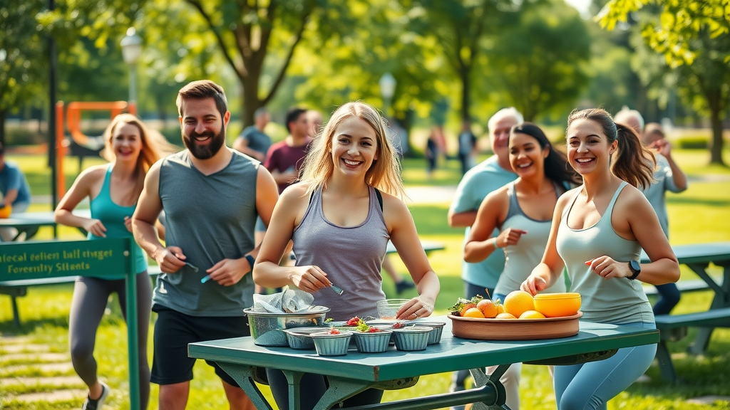 Diet and exercise routines for weight loss—group fitness outdoors with healthy meal prep