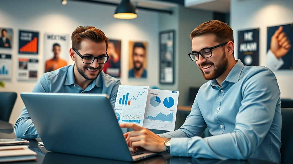 Focused marketers reviewing influencer marketing campaign metrics on laptops and charts
