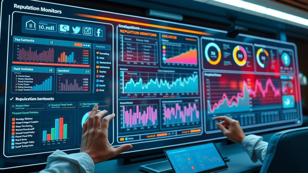 Digital dashboard with brand reputation online monitoring tools and analytics