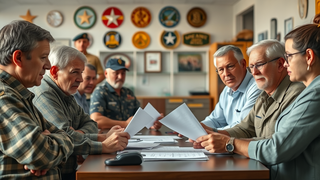 Group of veterans getting VA claim assistance guidance in a supportive office.