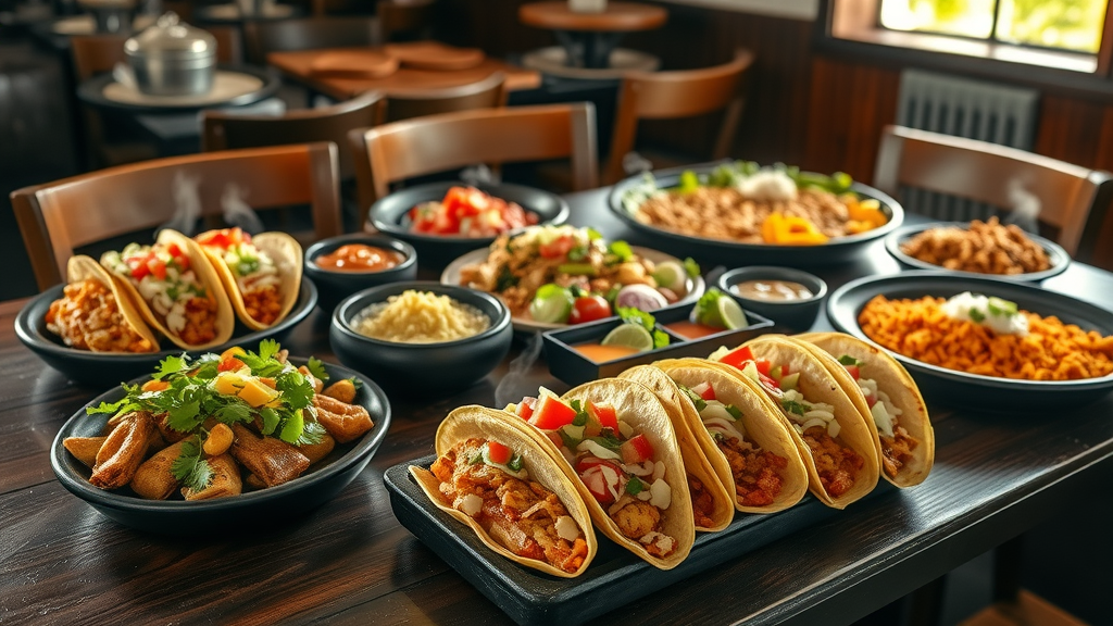 delectable tacos enchiladas spread in best mexican restaurant in irving texas; fresh vegetables salsa on wooden table in a lively mexican cantina