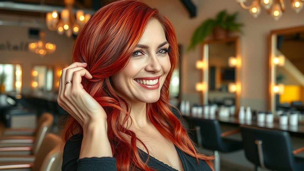 Vibrant red hair color in Ocala FL salon, client enjoying new confident look.