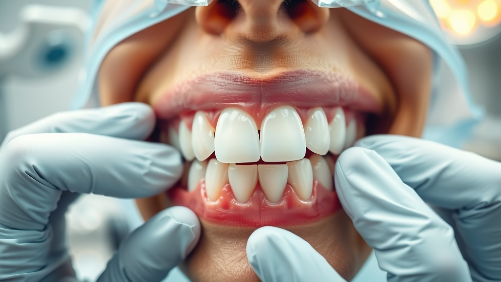 Gloved hands fit same-day dental crown on healthy white teeth in bright dental office.