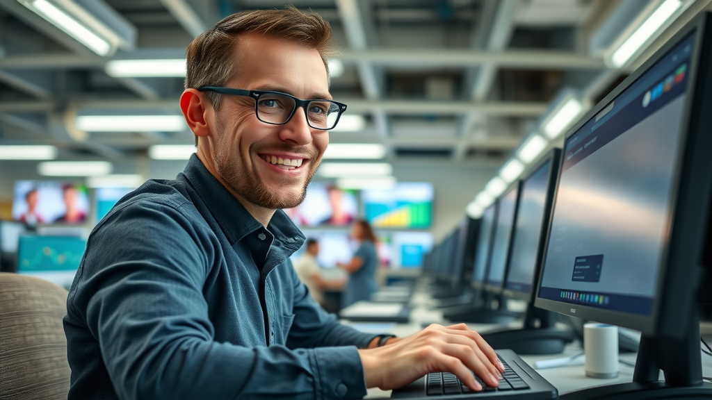 email marketing campaign subject line expert creating marketing email in busy office, focused on boosting open rates