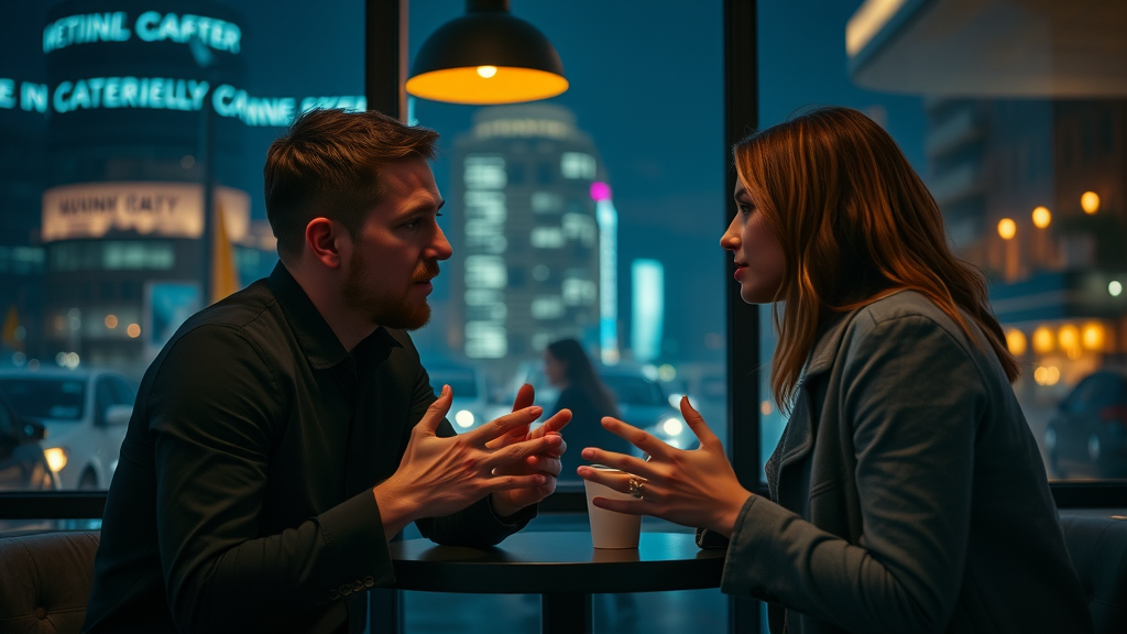 Moody contemporary coffee shop, two people engaged in deep conversation, expressive gestures and attentive posture, Cinematic, night cityscape visible through windows in background, highly detailed, reflections on glass, rich contrast, cool blue tones with warm interior lighting, shot with an 85mm lens.