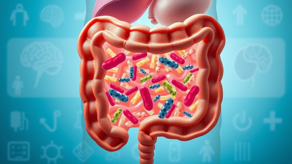 Vibrant cross-section of a healthy human gut, clear and balanced, illustrating diverse gut microbiome, photorealistic high fidelity lifelike, background showing icons of immune system, brain, and heart on medical blue gradient, detailed bacteria in motion, crisp color, high-key lighting