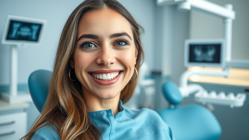 Confident woman smiling in a modern dental clinic with advanced dental equipment.