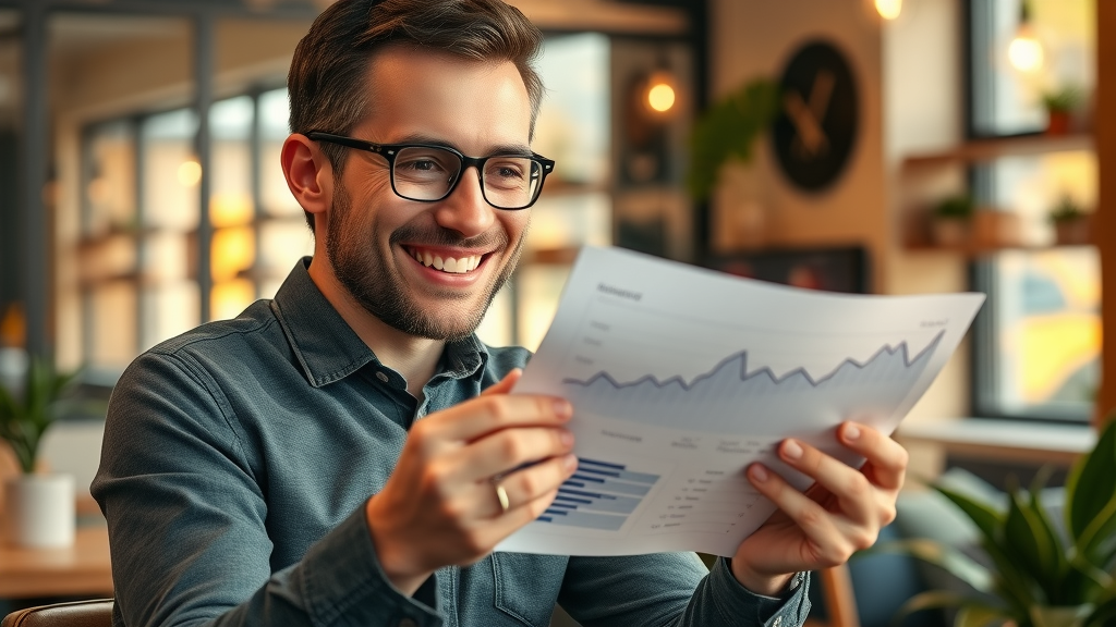 small business owner reviewing upward trending online reputation charts