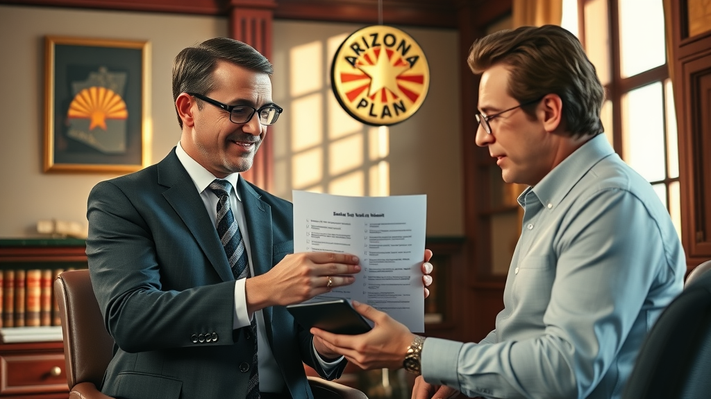 Estate planning notary Arizona advisor showing estate plan checklist to client, Arizona law office