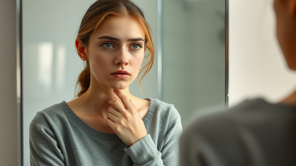 Concerned young woman checking for signs of hormonal imbalance in mirror, modern bathroom setting, hormone health indicators