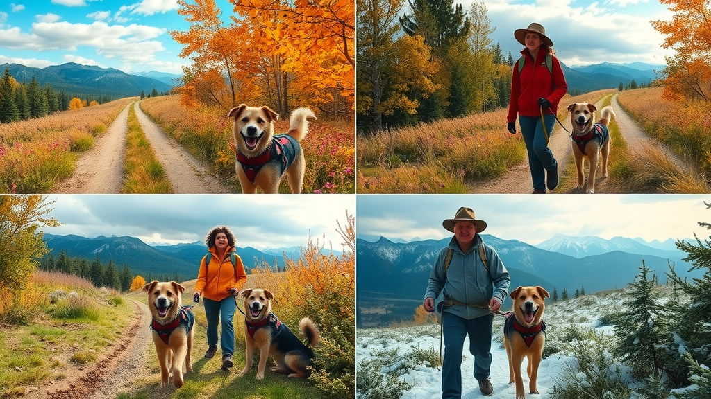 Dog-friendly hikes Central Oregon - dog and owner on trail during four different seasons