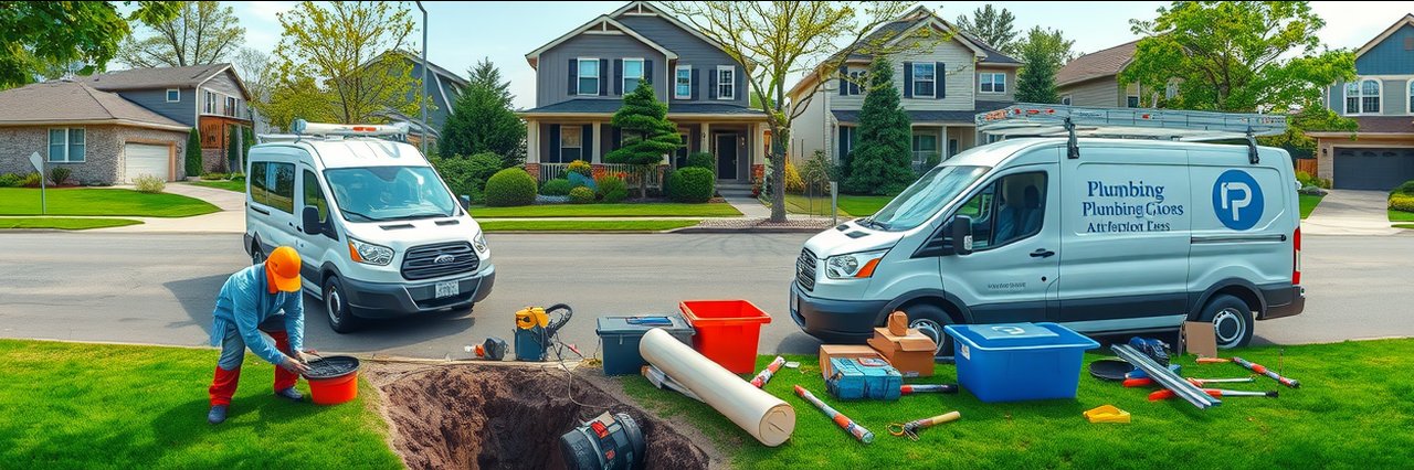 Plumber installing water heater, suburban lawn, plumbing vans parked roadside