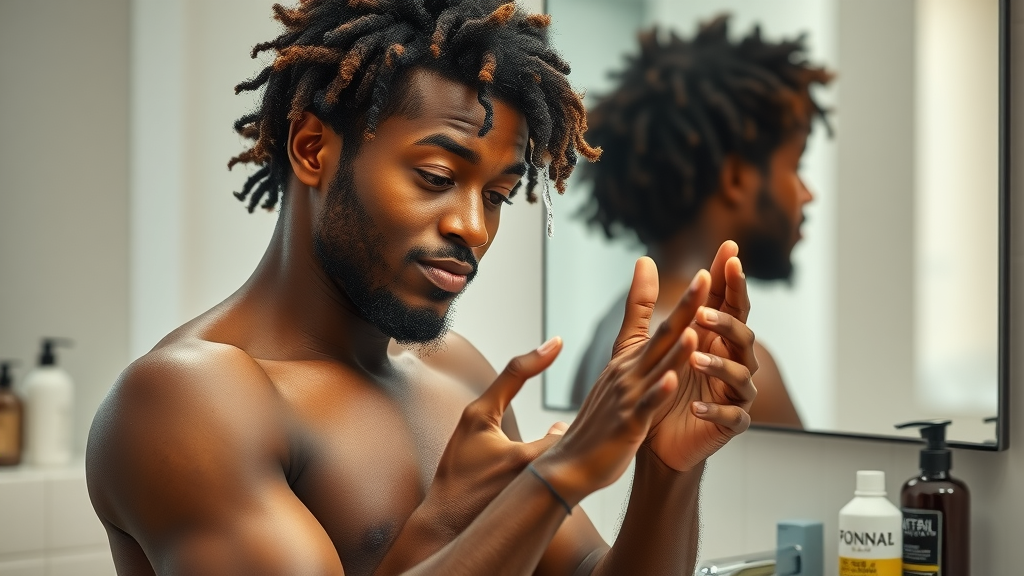 Black man washing and styling his curly human hair system at home. Hair system care for mens of color.