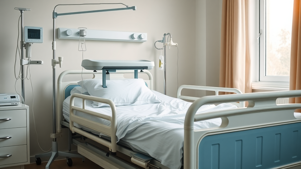Hospital bed with accessories such as overbed table, IV pole, bed rails, and foam mattress in a neatly organized home hospital bedroom
