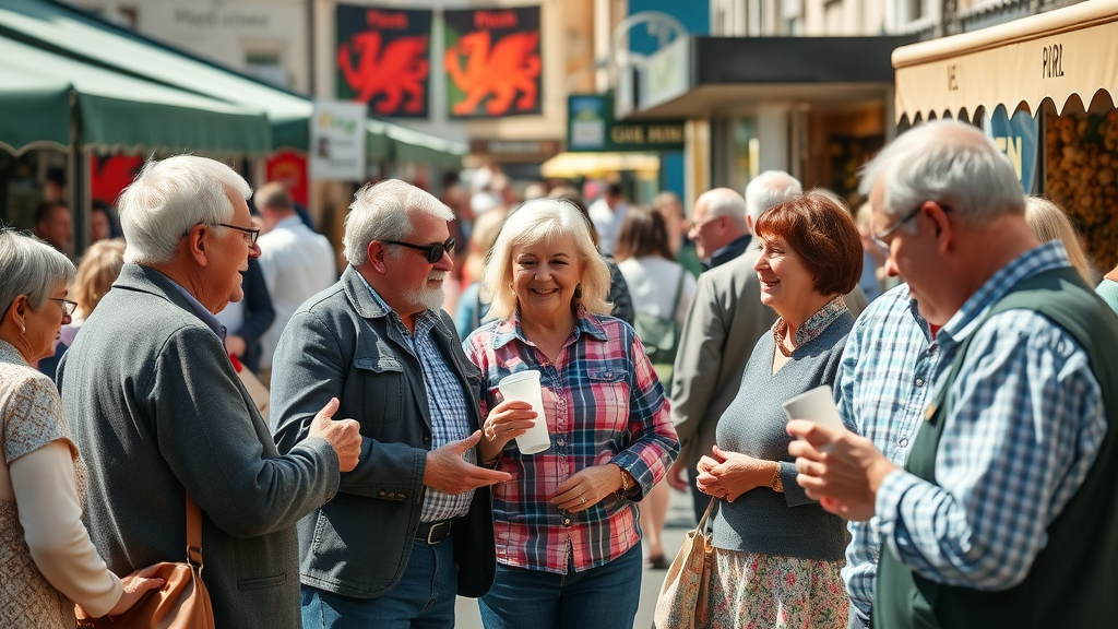 vibrant community market scene in Monmouthshire with local residents and stallholders engaged in conversation, monouthshire voice marketing