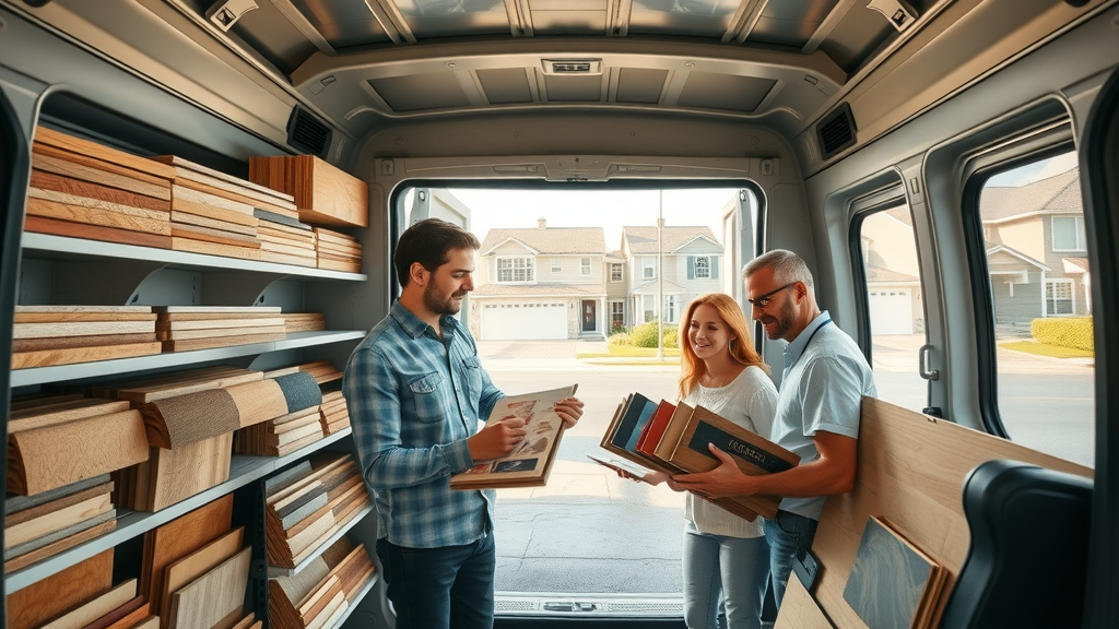 Flooring consultant presenting sample options from mobile showroom to family