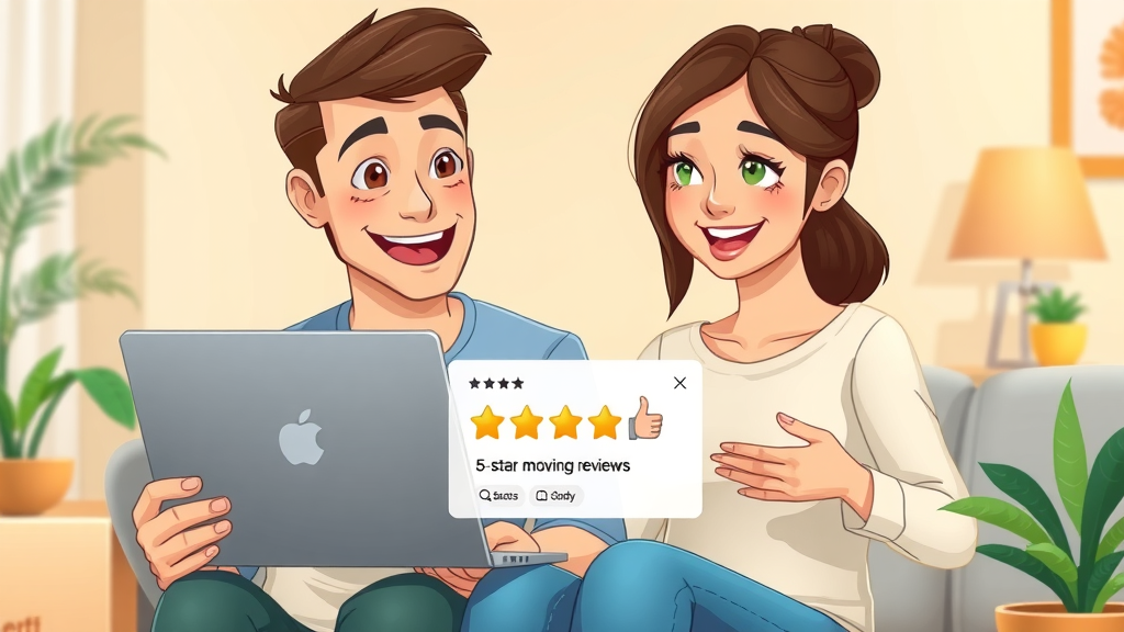 customer reviews online 5-star ratings local moving company cartoon couple moving day