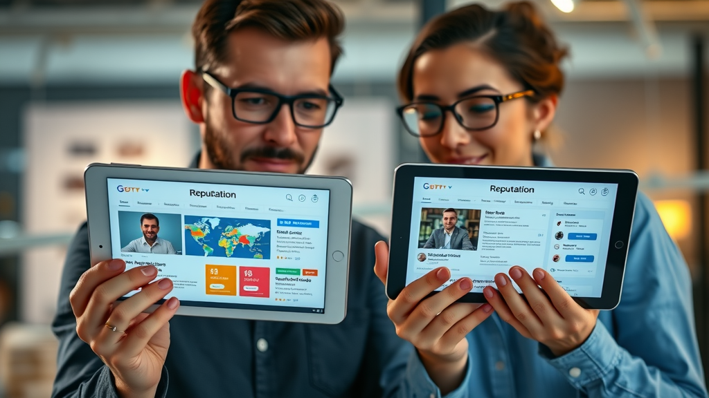 comparison of two reputation management tools features on marketing tablet