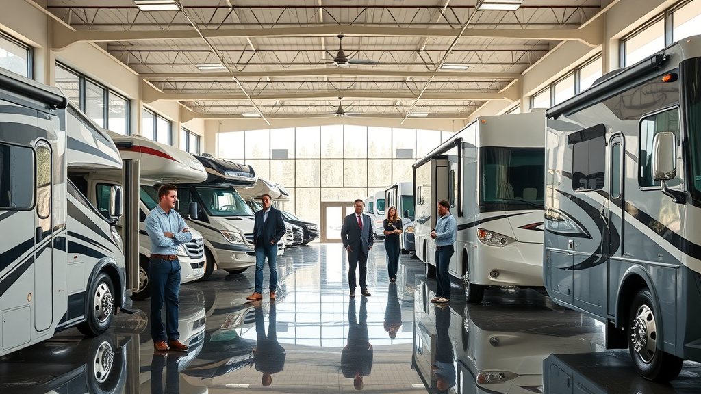Impressive RV dealer collaboration showroom showcasing luxury RVs with engaged staff and clients