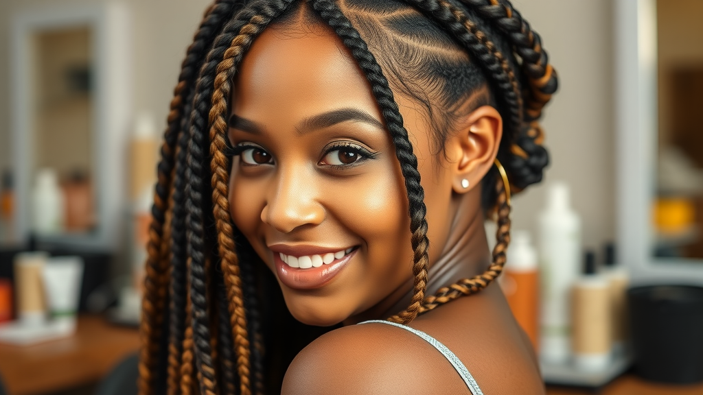 Elegant close-up of freshly braided box braids, cornrows, twists, micro braids, and feed-in braids on a Filipino model in an Olongapo salon